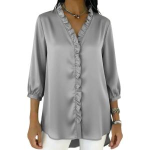 image:imagechouyatou Womens Satin Silky Ruffle Shirt Button Down 34 Sleeve Tops Business Casual Loose Tunic Blouse ShirtsGray