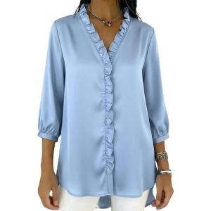image:imagechouyatou Womens Satin Silky Ruffle Shirt Button Down 34 Sleeve Tops Business Casual Loose Tunic Blouse ShirtsLight Blue