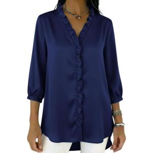image:imagechouyatou Womens Satin Silky Ruffle Shirt Button Down 34 Sleeve Tops Business Casual Loose Tunic Blouse ShirtsNavy