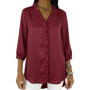 image:imagechouyatou Womens Satin Silky Ruffle Shirt Button Down 34 Sleeve Tops Business Casual Loose Tunic Blouse ShirtsWine Red