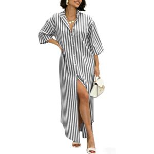 image:imagechouyatou Womens Summer Boho Button Up Striped Shirt Dress 34 Sleeve Business Casual Maxi Long Beach DressBlack
