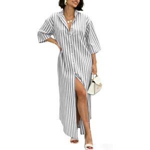 image:imagechouyatou Womens Summer Boho Button Up Striped Shirt Dress 34 Sleeve Business Casual Maxi Long Beach DressGrey