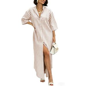 image:imagechouyatou Womens Summer Boho Button Up Striped Shirt Dress 34 Sleeve Business Casual Maxi Long Beach DressKhaki