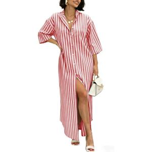 image:imagechouyatou Womens Summer Boho Button Up Striped Shirt Dress 34 Sleeve Business Casual Maxi Long Beach DressRed