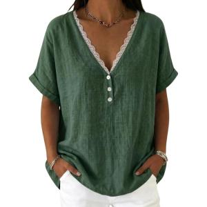 image:imagechouyatou Womens Summer Lace Eyelet Shirts V Neck Half Button Short Sleeve Blouses Pullover Tops OutfitsDark Green