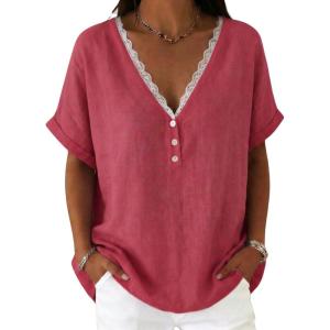 image:imagechouyatou Womens Summer Lace Eyelet Shirts V Neck Half Button Short Sleeve Blouses Pullover Tops OutfitsRed
