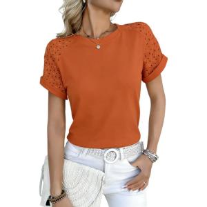image:imagechouyatou Womens Summer Lace Eyelet Short Sleeve TShirt Cute Casual Pullover Crew Neck Tee Tops BlouseOrange