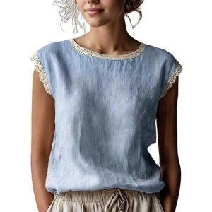 image:imagechouyatou Womens Summer Lace Eyelet Tshirts Shirts Crewneck Cap Sleeve Blouses Pullover Tops OutfitsBlue