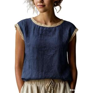 image:imagechouyatou Womens Summer Lace Eyelet Tshirts Shirts Crewneck Cap Sleeve Blouses Pullover Tops OutfitsDark Blue