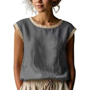 image:imagechouyatou Womens Summer Lace Eyelet Tshirts Shirts Crewneck Cap Sleeve Blouses Pullover Tops OutfitsGrey