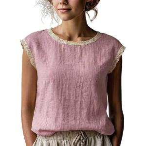 image:imagechouyatou Womens Summer Lace Eyelet Tshirts Shirts Crewneck Cap Sleeve Blouses Pullover Tops OutfitsPink