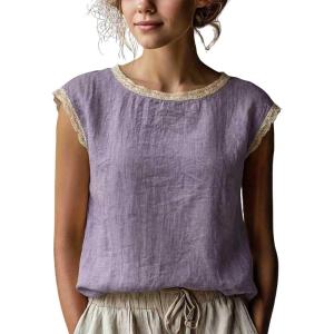 image:imagechouyatou Womens Summer Lace Eyelet Tshirts Shirts Crewneck Cap Sleeve Blouses Pullover Tops OutfitsPurple