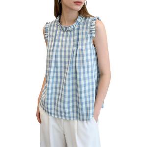 image:imagechouyatou Womens Summer Ruffle Sleeve Gingham Cotton Shirt Bowknot Plaid Blouses Pleated Tunic Tank TopsBlue
