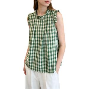 image:imagechouyatou Womens Summer Ruffle Sleeve Gingham Cotton Shirt Bowknot Plaid Blouses Pleated Tunic Tank TopsGreen