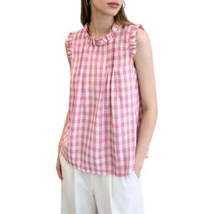 image:imagechouyatou Womens Summer Ruffle Sleeve Gingham Cotton Shirt Bowknot Plaid Blouses Pleated Tunic Tank TopsPink