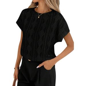 image:imagechouyatou Womens Summer Short Sleeve Casual TShirt Floral Jacquard Knit Round Neck Basic Tee Top BlouseBlack