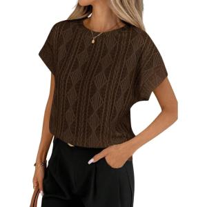 image:imagechouyatou Womens Summer Short Sleeve Casual TShirt Floral Jacquard Knit Round Neck Basic Tee Top BlouseCoffee