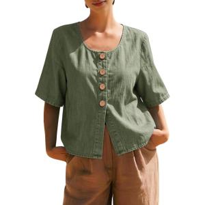 image:imagechouyatou Womens Vintage Denim Button Down Shirt Short Sleeve Jean Blouses Y2K Summer Tunic TopsGreen