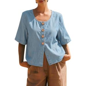 image:imagechouyatou Womens Vintage Denim Button Down Shirt Short Sleeve Jean Blouses Y2K Summer Tunic TopsLight Blue