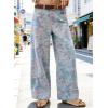 image:imagechouyatou Womens 2026 Boyfriend Y2K Floral Pattern Jeans Mid Rise Patchwork Wide Leg Denim PantsLight Blue
