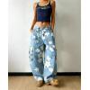 image:imagechouyatou Womens Floral Print Mid Rise Barrel Jeans Wide Leg Baggy Y2K Denim Pants Cargo Jeans BoyfriendLight Blue