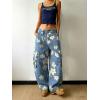 image:imagechouyatou Womens Floral Print Mid Rise Barrel Jeans Wide Leg Baggy Y2K Denim Pants Cargo Jeans BoyfriendRetro Blue
