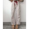 image:imagechouyatou Womens Straight Leg Cotton Pants Striped Patchwork Elastic Waist Loose Trousers with PocketsBrown