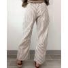 image:imagechouyatou Womens Straight Leg Cotton Pants Striped Patchwork Elastic Waist Loose Trousers with PocketsBrown