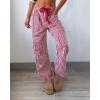 image:imagechouyatou Womens Straight Leg Cotton Pants Striped Patchwork Elastic Waist Loose Trousers with PocketsRed