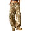 image:imagechouyatou Womens Floral Print Mid Rise Barrel Jeans Wide Leg Baggy Y2K Denim Pants Cargo Jeans BoyfriendKhaki