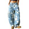 image:imagechouyatou Womens Floral Print Mid Rise Barrel Jeans Wide Leg Baggy Y2K Denim Pants Cargo Jeans BoyfriendLight Blue