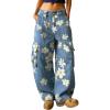 image:imagechouyatou Womens Floral Print Mid Rise Barrel Jeans Wide Leg Baggy Y2K Denim Pants Cargo Jeans BoyfriendRetro Blue