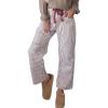 image:imagechouyatou Womens Straight Leg Cotton Pants Striped Patchwork Elastic Waist Loose Trousers with PocketsBrown