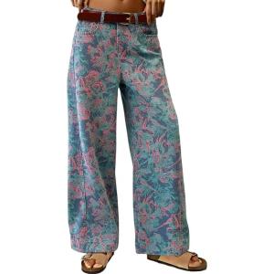 image:imagechouyatou Womens 2026 Boyfriend Y2K Floral Pattern Jeans Mid Rise Patchwork Wide Leg Denim PantsBlue
