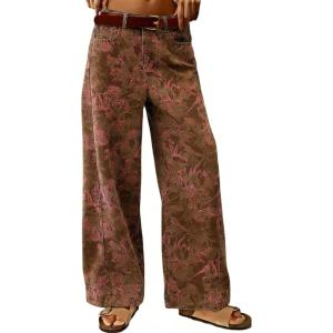 image:imagechouyatou Womens 2026 Boyfriend Y2K Floral Pattern Jeans Mid Rise Patchwork Wide Leg Denim PantsBrown