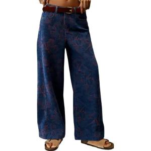 image:imagechouyatou Womens 2026 Boyfriend Y2K Floral Pattern Jeans Mid Rise Patchwork Wide Leg Denim PantsDark Blue