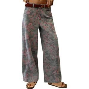 image:imagechouyatou Womens 2026 Boyfriend Y2K Floral Pattern Jeans Mid Rise Patchwork Wide Leg Denim PantsGrey