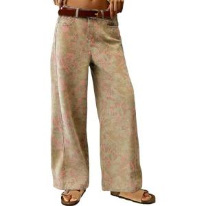 image:imagechouyatou Womens 2026 Boyfriend Y2K Floral Pattern Jeans Mid Rise Patchwork Wide Leg Denim PantsKhaki