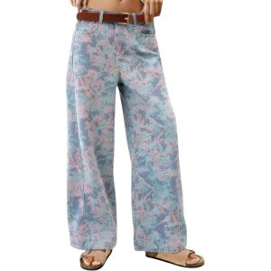 image:imagechouyatou Womens 2026 Boyfriend Y2K Floral Pattern Jeans Mid Rise Patchwork Wide Leg Denim PantsLight Blue