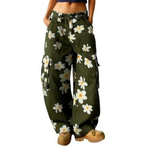 image:imagechouyatou Womens Floral Print Mid Rise Barrel Jeans Wide Leg Baggy Y2K Denim Pants Cargo Jeans BoyfriendArmy Green