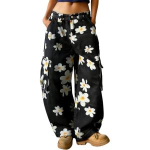 image:imagechouyatou Womens Floral Print Mid Rise Barrel Jeans Wide Leg Baggy Y2K Denim Pants Cargo Jeans BoyfriendBlack
