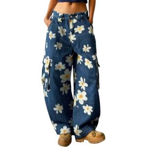 image:imagechouyatou Womens Floral Print Mid Rise Barrel Jeans Wide Leg Baggy Y2K Denim Pants Cargo Jeans BoyfriendBlue