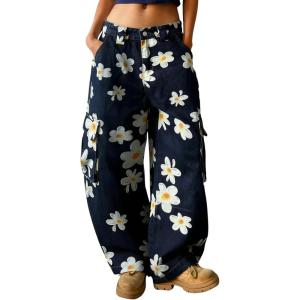 image:imagechouyatou Womens Floral Print Mid Rise Barrel Jeans Wide Leg Baggy Y2K Denim Pants Cargo Jeans BoyfriendDark Blue
