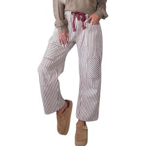 image:imagechouyatou Womens Straight Leg Cotton Pants Striped Patchwork Elastic Waist Loose Trousers with PocketsBrown