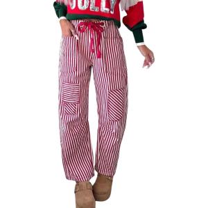 image:imagechouyatou Womens Straight Leg Cotton Pants Striped Patchwork Elastic Waist Loose Trousers with PocketsRed