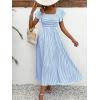 image:imageCHOUYATOU Womens Boho Striped Smocked Maxi Dress Sexy Flutter Sleeve Flowy Swing Long Dress with PocketsLight Blue