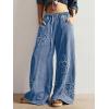image:imagechouyatou Womens Boho Floral Wide Leg Jeans Y2k Distressed Fringe Baggy Jeans Denim Culotte Palazzo Pants TrousersBlue