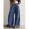 image:imagechouyatou Womens Boho Floral Wide Leg Jeans Y2k Distressed Fringe Baggy Jeans Denim Culotte Palazzo Pants TrousersDark Blue