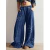 image:imagechouyatou Womens Boho Floral Wide Leg Jeans Y2k Distressed Fringe Baggy Jeans Denim Culotte Palazzo Pants TrousersDark Blue