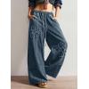 image:imagechouyatou Womens Boho Floral Wide Leg Jeans Y2k Distressed Fringe Baggy Jeans Denim Culotte Palazzo Pants TrousersVintage Blue